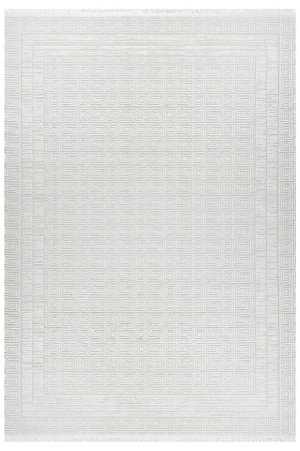 Grid Motifli Geometri Modern Tasarımlı Pamuk Tabanlı Salon - Oturma Odası  Krem Renk Halı - Image 1