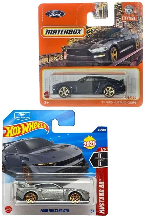 2 Araç Set - Matchbox ’19 Ford Mustang Coupe - Siyah  & Hot Wheels Ford Mustang GTD - Gri (1/64) - Image 1