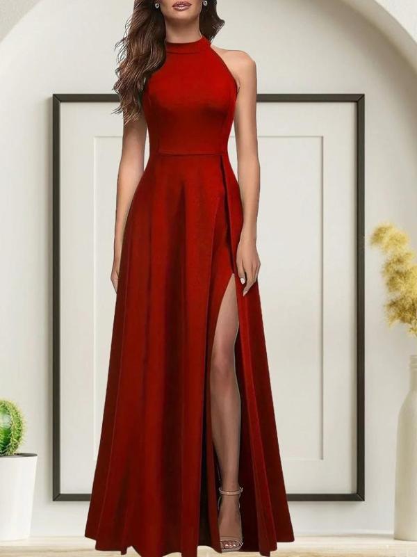 Kadınhalter Yaka Derin Yırtmaç Detaylı Tam Boy Ithal Krep Abiye Elbise - Image 1