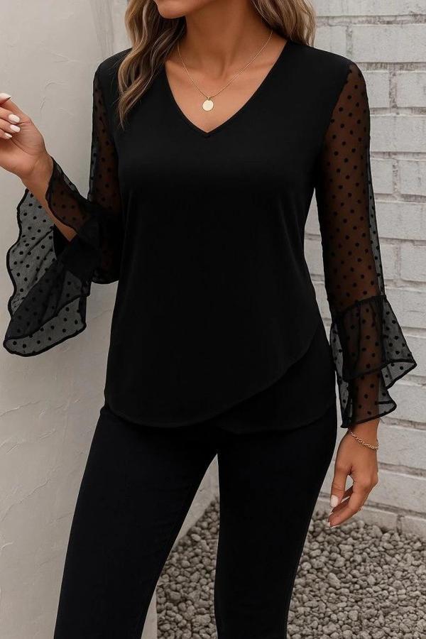 Kadın Uzun Kollu V Yakalı Kolları Ispanyol Detayı Sandy Bluz - Image 1