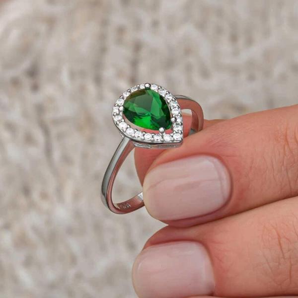 Supertrend Gümüş Damla Zümrüt Taşlı Kadın Yüzük - Image 1