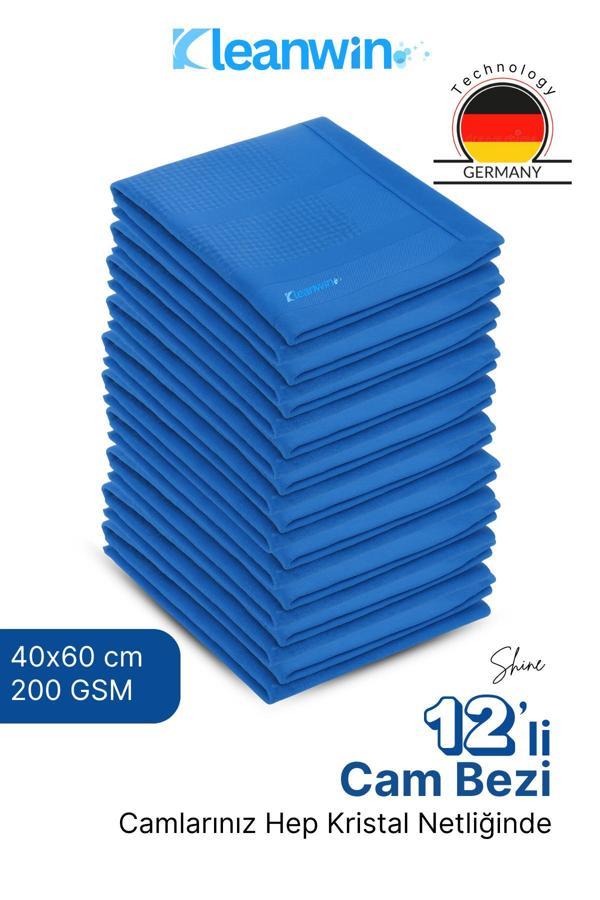 Kleanwin Shine 12’Li Set 40X60Cm Mikrofiber Cam Bezi Mavi–Ev Ve Oto Temizlik Bezi, İz Bırakmaz Mikrofiber Bez - Image 1