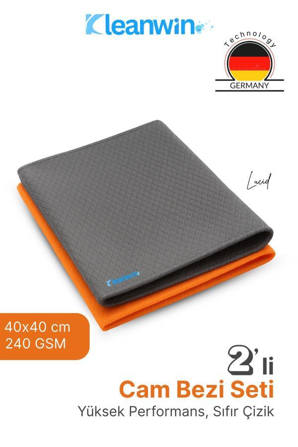 Kleanwin 2’Li 40X40Cm Lucid Mikrofiber Araba Cam Bezi Seti – Gri Ve Turuncu, İz Bırakmaz Cam Silme Bezi - Image 1