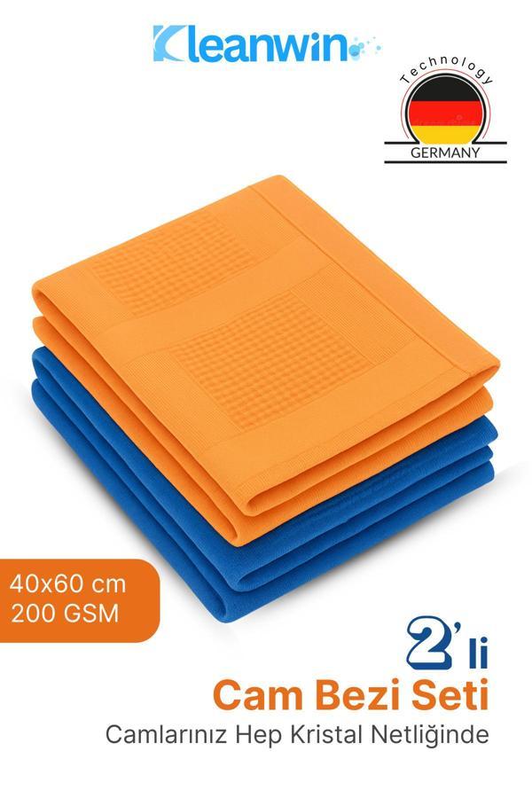 Kleanwin Shine 2’Li 40X60Cm Mikrofiber Cam Bezi Seti – Mavi Ve Turuncu, Ev Ve Araç Cam Temizlik Bezi - Image 1