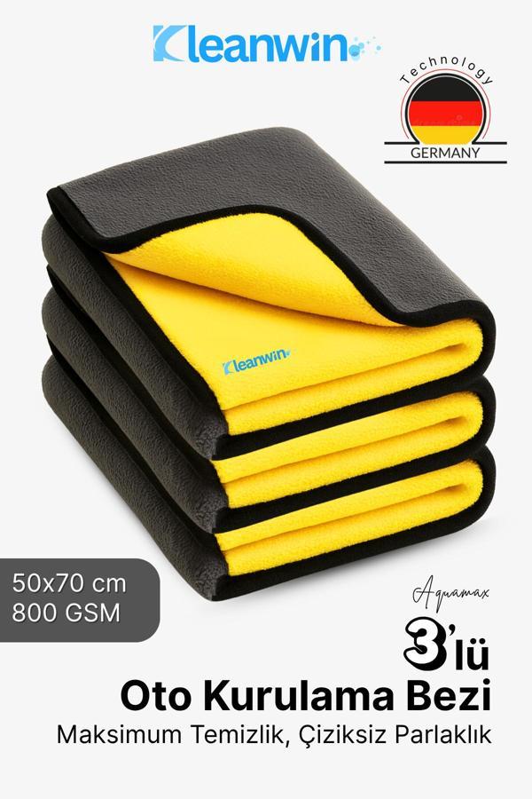 Kleanwin Aquamax 3’Lü Set 50X70 Cm Mikrofiber 800 Gsm Oto Kurulama Havlusu – Çift Katlı Ultra Emici Havlu - Image 1