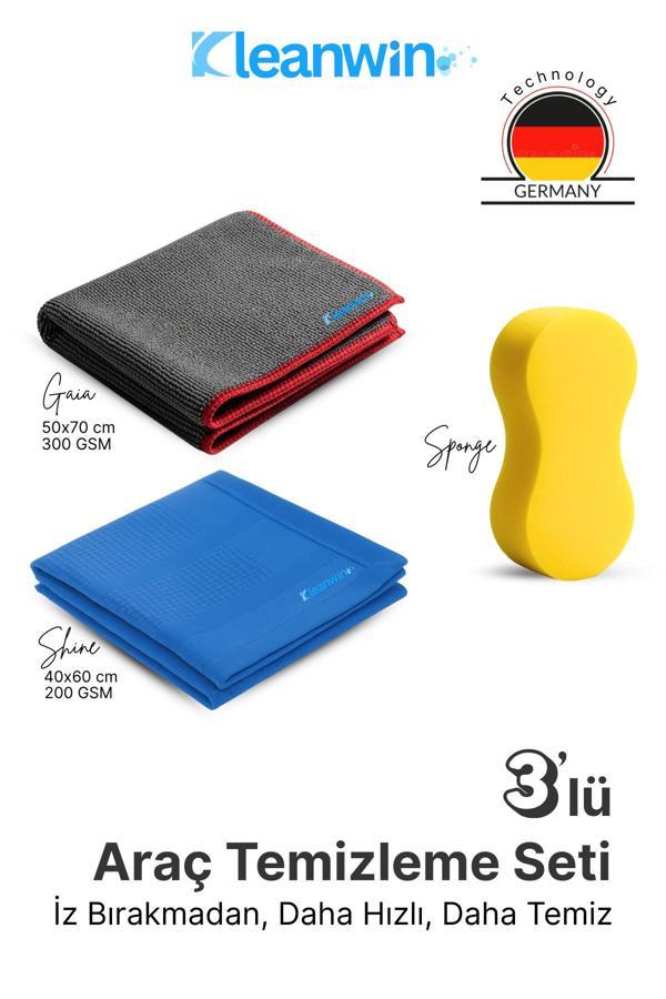 Kleanwin 3’Lü Mikrofiber Oto Yıkama Seti | Sünger + Oto Kurulama Bezi + Araba Cam Bezi | Araç Temizleme Seti - Image 1