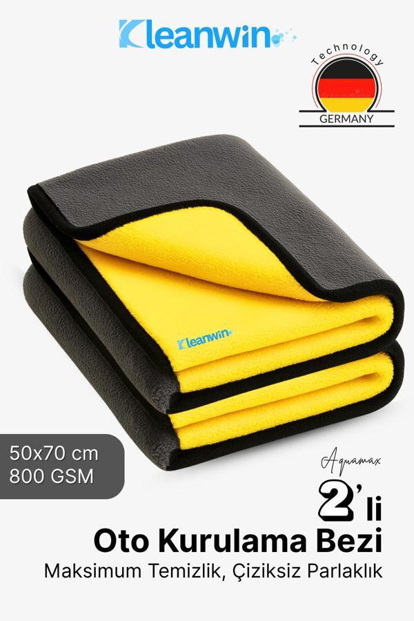 Kleanwin Aquamax 2’Li Set 50X70 Cm Mikrofiber 800 Gsm Oto Kurulama Havlusu – Çift Katlı Ultra Emici Havlu - Image 1
