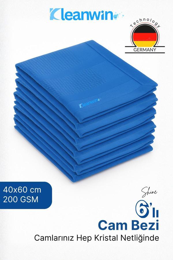 Kleanwin Shine 6’Lı Set 40X60Cm Mikrofiber Cam Bezi Mavi–Ev Ve Araç Temizlik Bezi, İz Bırakmaz Mikrofiber Bez - Image 1