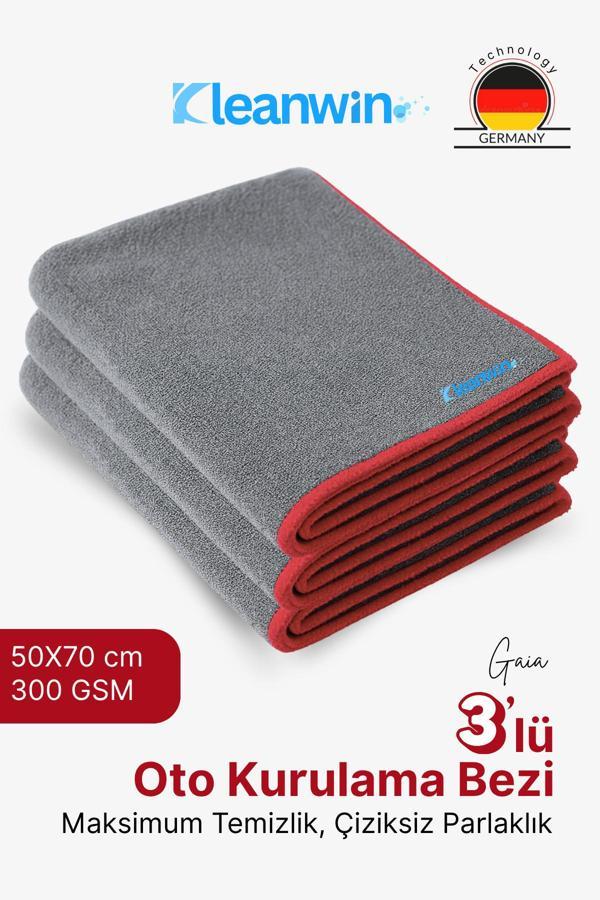 Kleanwin Gaia 3'Lü 50X70Cm Mikrofiber Kurulama Bezi 300 Gsm | Oto Kurulama Havlusu, Araç Ve Cam Temizlik Bezi - Image 1