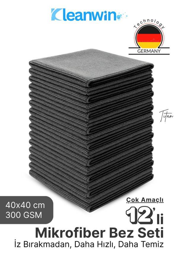 Kleanwin 12’Li Titan Mikrofiber Bez Seti 40X40 Cm 300 Gsm | Leke Bırakmaz Çok Amaçlı Temizlik Bezi Seti - Image 1