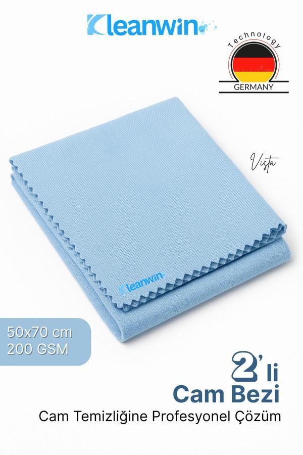 Kleanwin Vista 2’Li Mikrofiber Cam Bezi Seti 50X70 Cm, 200 Gsm | Açık Mavi Renk Araç Ve Ev Cam Temizlik Bezi - Image 1