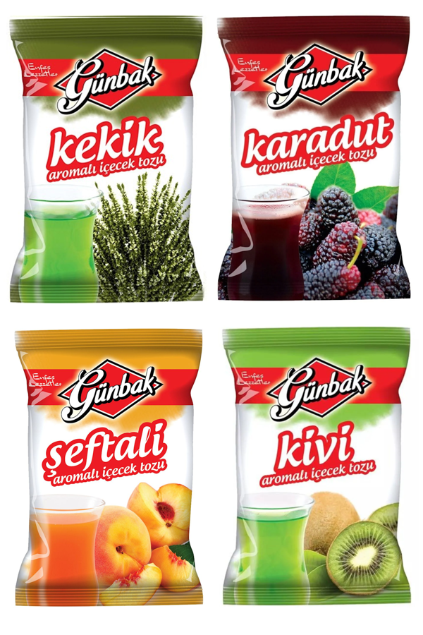 Günbak Aromalı İçecek Tozu 250 gr x 4 Adet (Şeftali - Kivi - Karadut - Kekik) - Image 1