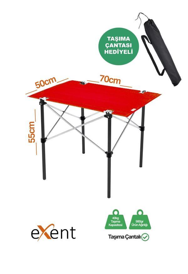 Exent 50x70 cm Kamp Masası Katlanabilir Masa, Piknik Masası, Siyah Taşıma Çantalı-KIRMIZI - Image 1