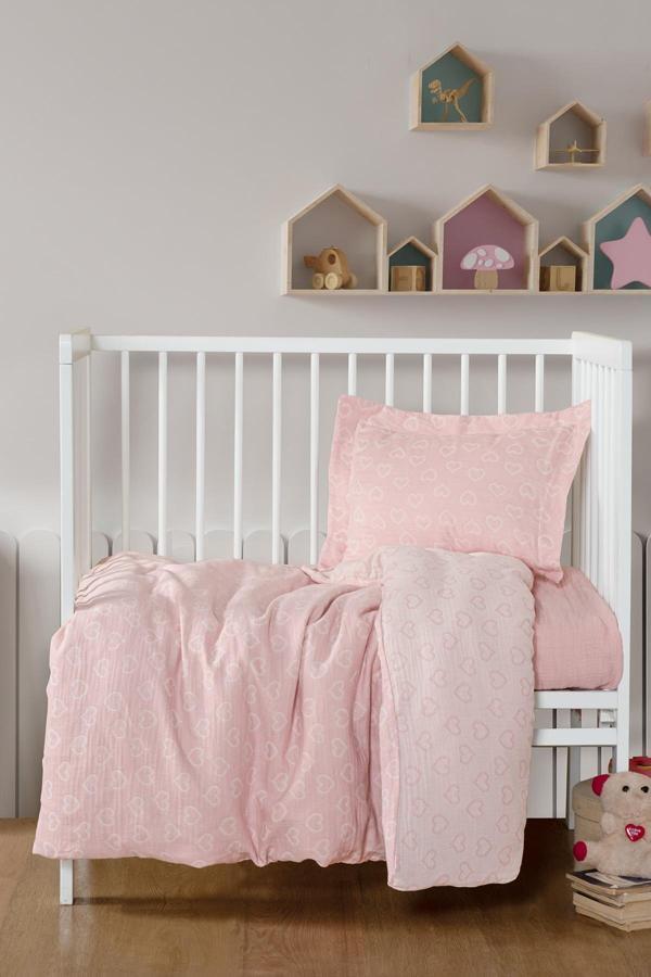 Kanz Jakarlı Müslin Bebek Nevresim Takımı Knz-013 Heart Pembe - Image 1
