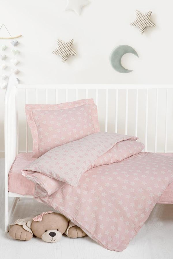 Kanz Jakarlı Müslin Bebek Nevresim Takımı Knz-013 Stars Pembe - Image 1