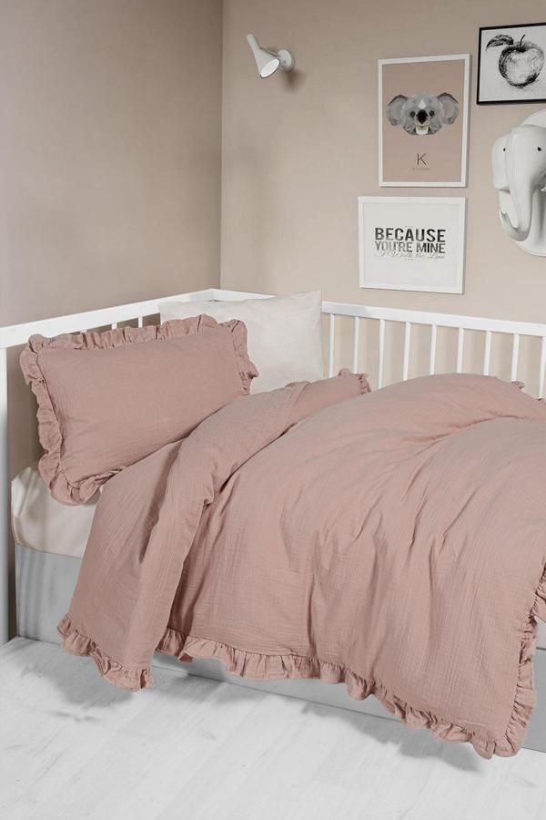 Kanz 2 Kat Fırfırlı Bebek Müslin Nevresim Knz-023 Pudra - Image 1