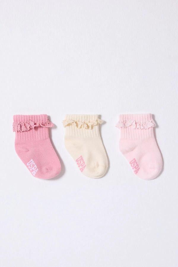 U.S.Polo Kız Bebek Çorap USB2208 Pudra Ekru Somon - Image 1