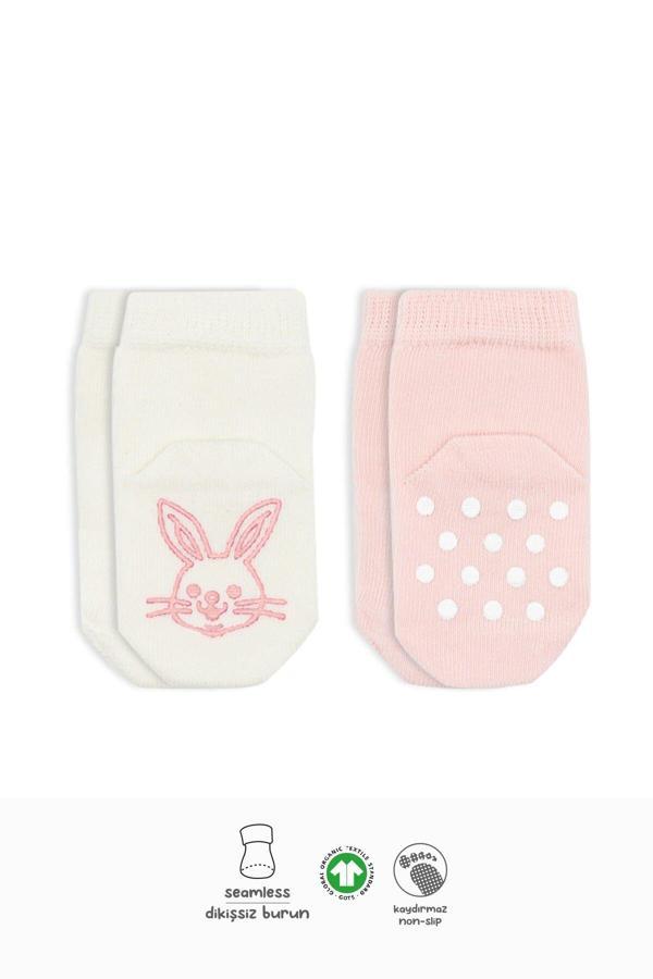 Bistyle Hayvan Figürlü Kaymaz Soket Çorap 2'Li BS10104 Pembe Ekru - Image 1