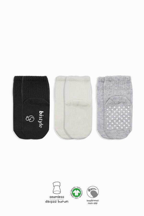 Bistyle Basic Kaymaz Penye Soket Çorap 3'Lü BS10106 Siyah Ekru Gri - Image 1