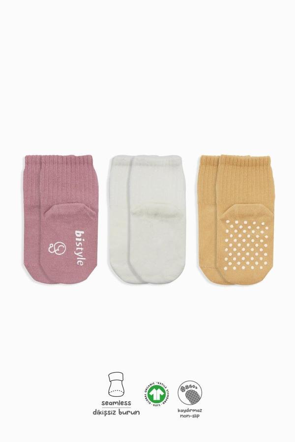 Bistyle Basic Kaymaz Penye Soket Çorap 3'Lü BS10107 Pudra Ekru Somon - Image 1
