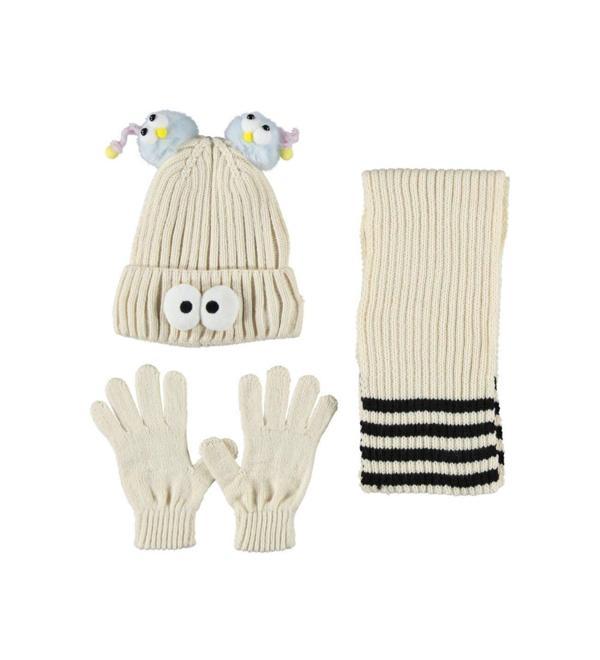 Kitti Çocuk Kız Atkı Bere Eldiven Takım (4-8 Yaş) K24170-09 Beyaz - Image 1