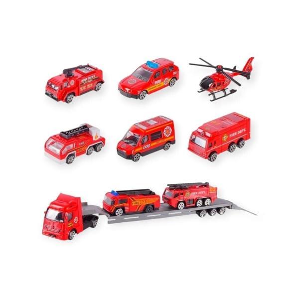 10 Parça Araç Taşıyan Tır Seti - Die Cast - DS047 - İtfaiye - Image 1