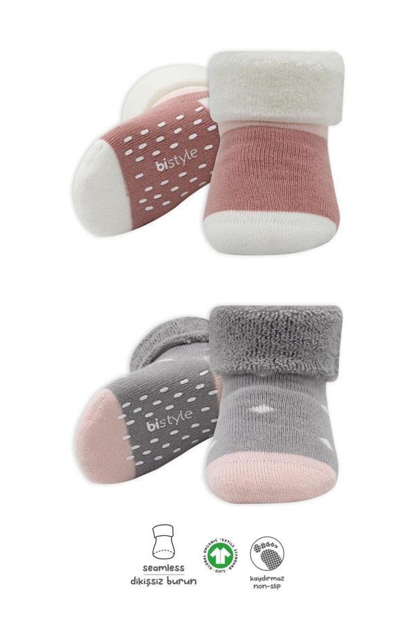 Bistyle Puanlı Kaymaz Havlu Soket Çorap 2'Li BS10502 Gri Pudra - Image 1