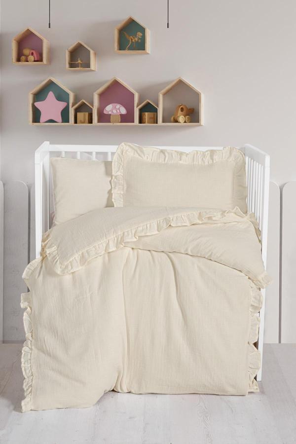 Kanz 2 Kat Fırfırlı Bebek Müslin Nevresim Knz-023 Krem - Image 1