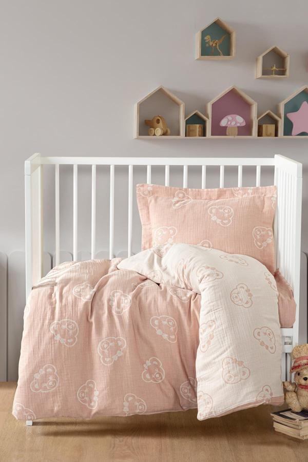 Kanz Jakarlı Müslin Bebek Nevresim Takımı Knz-013 Bear Pudra - Image 1