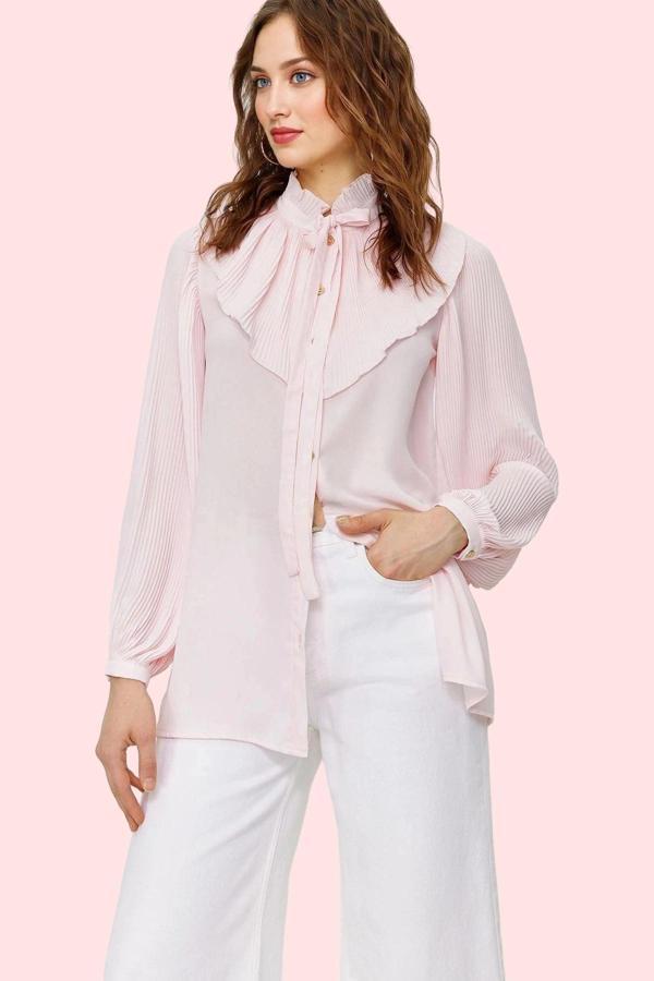 Kadın Şifon Gömlek Fırfırlı Hakim Yaka Uzun Kollu Yazlık Günlük Kullanım Dayanıklı Malzeme - Image 1