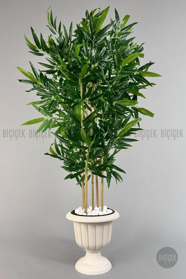 Biçiçek Yapay Bambu Ağacı 170Cm Büyük Yapraklı 5 Bambulu Kırık Beyaz Renk Nergis Saksıda Yapay Ağaç - Image 1