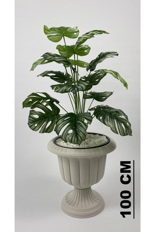 Biçiçek Yapay Çiçek Salon Bitkisi Monstera Deve Tabanı Kırıkbeyaz Renk Nergis Saksıda - Image 1