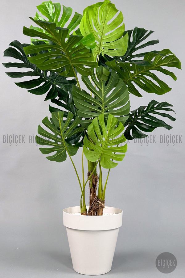 Biçiçek Yapay Ağaç Monstera Bambu Gövdeli 150Cm Devetabanı Ağacı Büyük Boy Kırıkbeyaz Renk Yalı Saksıda - Image 1
