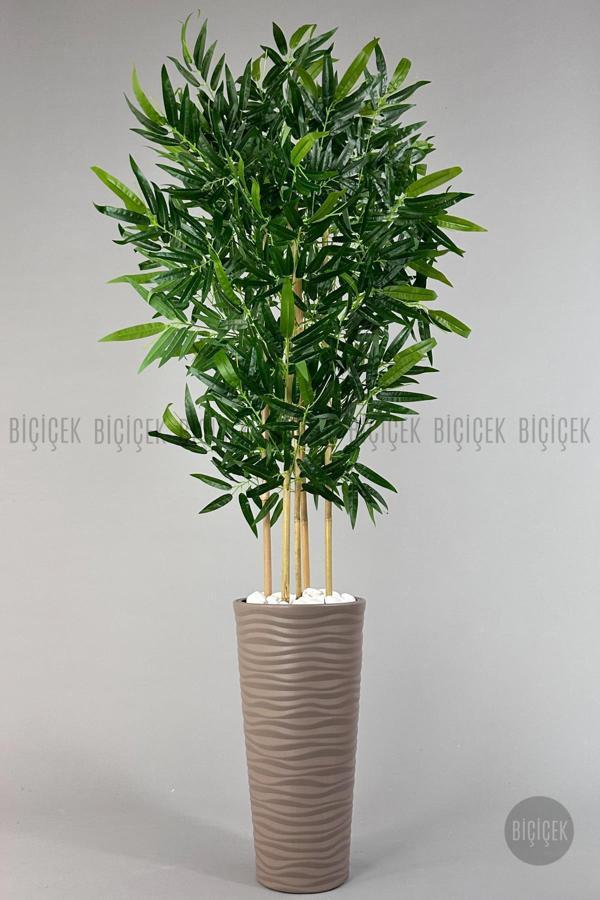 Biçiçek Yapay Bambu Ağacı 185Cm Büyük Yapraklı 5 Bambulu Bej Renk Kumsal Saksıda Yapay Ağaç - Image 1