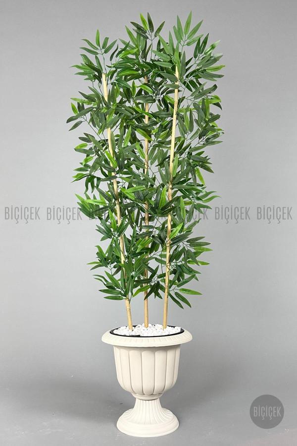 Biçiçek Yapay Bambu Ağacı 140Cm Yoğun Yapraklı Kırık Beyaz Renk Nergis Saksıda - Image 1