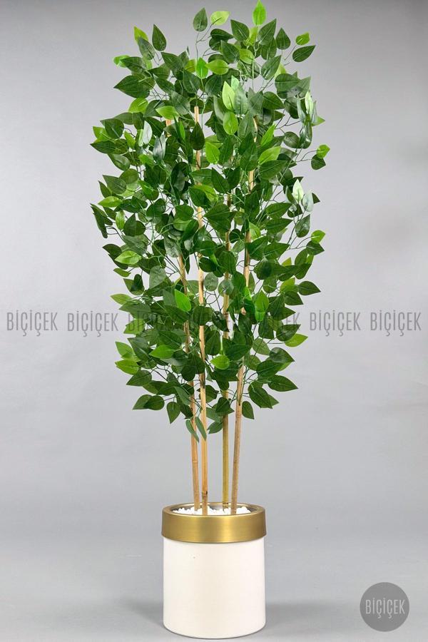 Biçiçek Yapay Benjamin Ağacı 140Cm Krem Gold Metal Saksıda - Image 1