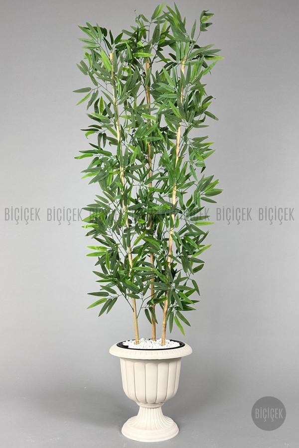 Biçiçek Yapay Bambu Ağacı 170Cm Yoğun Yapraklı Kırık Beyaz Renk Nergis Saksıda - Image 1