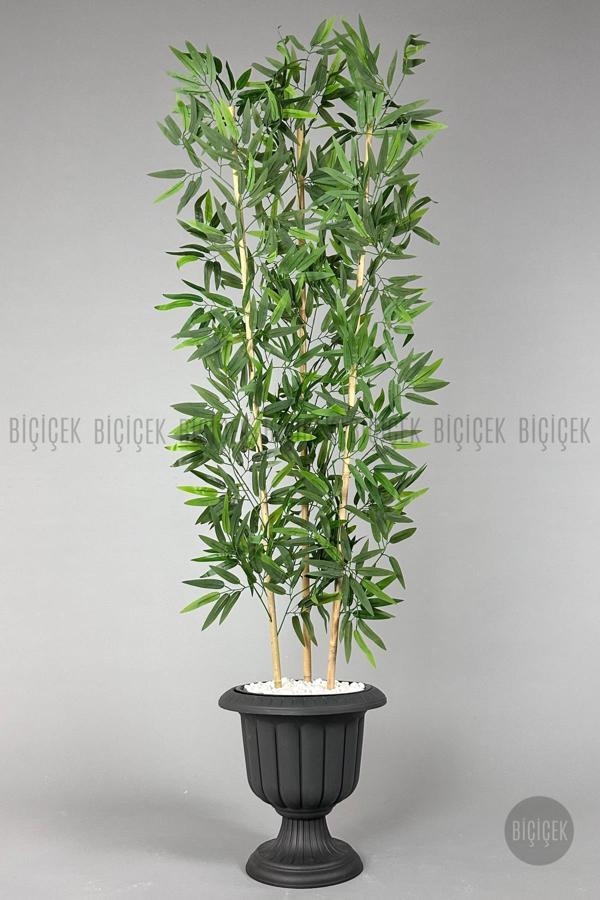 Biçiçek Yapay Bambu Ağacı 170Cm Yoğun Yapraklı Antrasit Renk Nergis Saksıda - Image 1