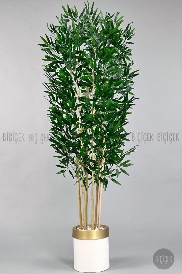 Biçiçek Yapay Bambu Ağacı 170Cm Krem Metal Saksıda Gold - Image 1