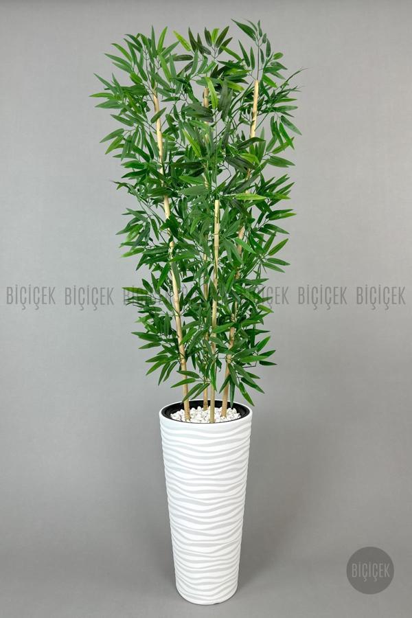 Biçiçek Yapay Bambu Ağacı 180Cm Yoğun Yapraklı Beyaz Renk Kumsal Saksıda - Image 1