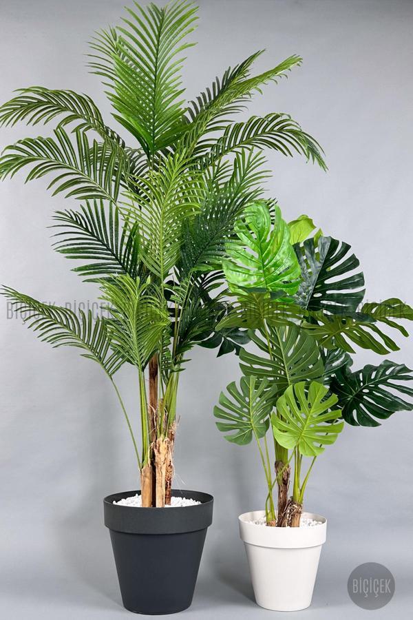 Biçiçek Yapay Areka-Büyük Boy Palmiye Ağacı 4 Bambu Gövdeli Ve Monstera-Devetabanı Ağacı Yalı Saksıda - Image 1