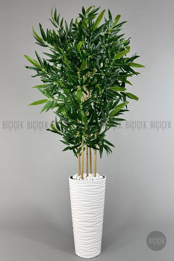 Biçiçek Yapay Bambu Ağacı 185Cm Büyük Yapraklı 5 Bambulu Beyaz Renk Kumsal Saksıda Yapay Ağaç - Image 1