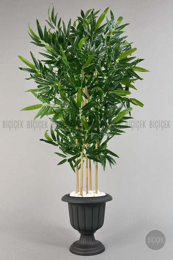 Biçiçek Yapay Bambu Ağacı 170Cm Büyük Yapraklı 5 Bambulu Antrasit Renk Nergis Saksıda Yapay Ağaç - Image 1