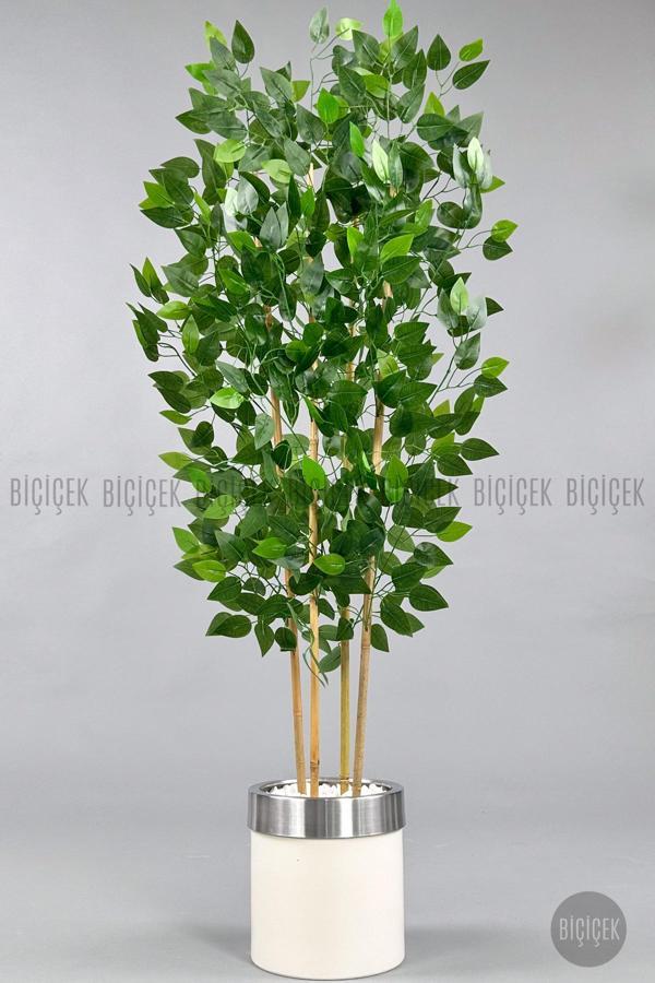 Biçiçek Yapay Benjamin Ağacı 140Cm Krem Gümüş Metal Saksıda - Image 1