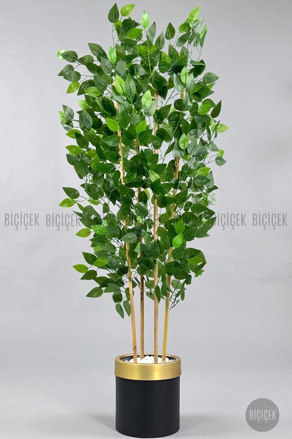 Biçiçek Yapay Benjamin Ağacı 140Cm Siyah Gold Metal Saksıda - Image 1