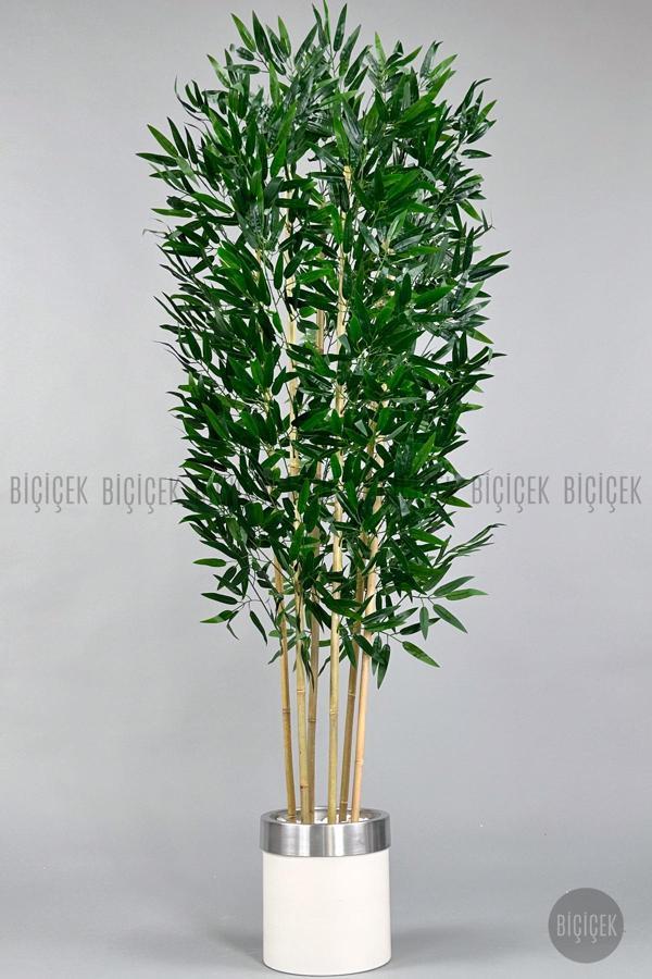 Biçiçek Yapay Bambu Ağacı 170Cm Krem Metal Saksıda Gümüş - Image 1