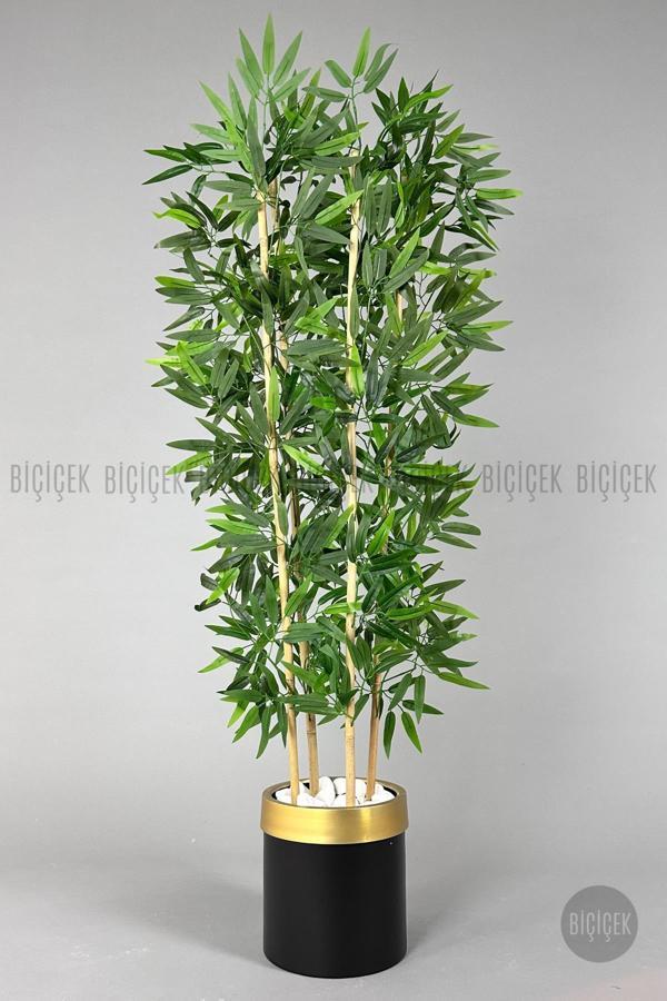 Biçiçek Yapay Bambu Ağacı 140Cm Siyah Gold Metal Saksıda - Image 1