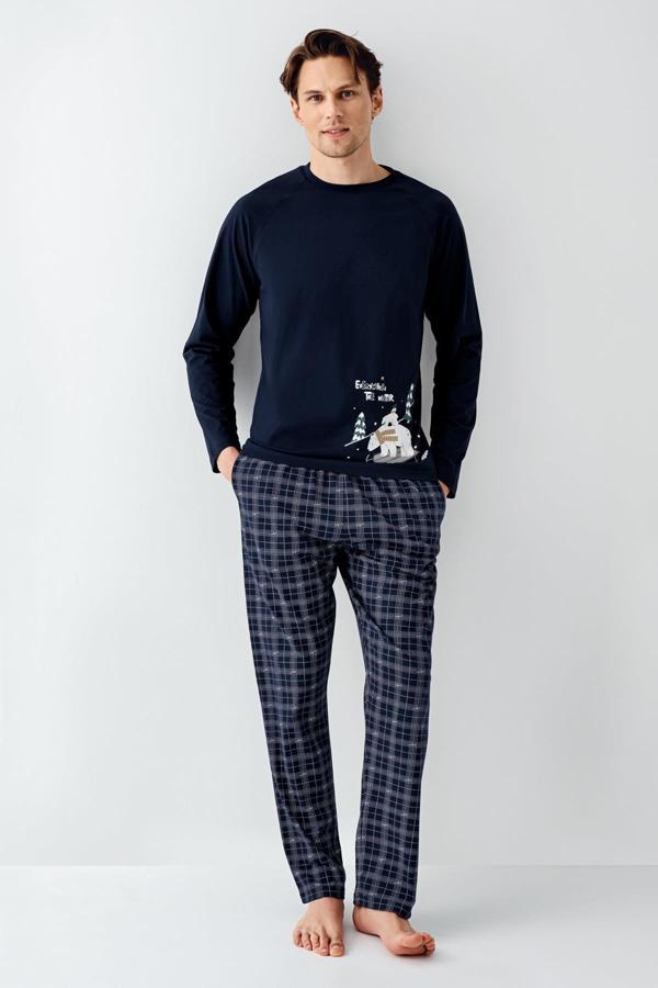 Arnetta Erkek Aile %100 Pamuk 4 Mevsim Bisiklet Yaka Uzun Kollu Ekoseli Pijama Takım - Image 1