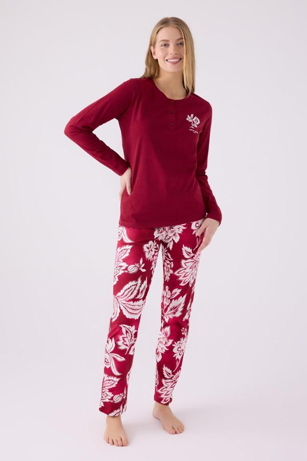 Pierre Cardin 8866 Kadın Düğmeli Vişne Uzun Kol Pijama Takım - Image 1