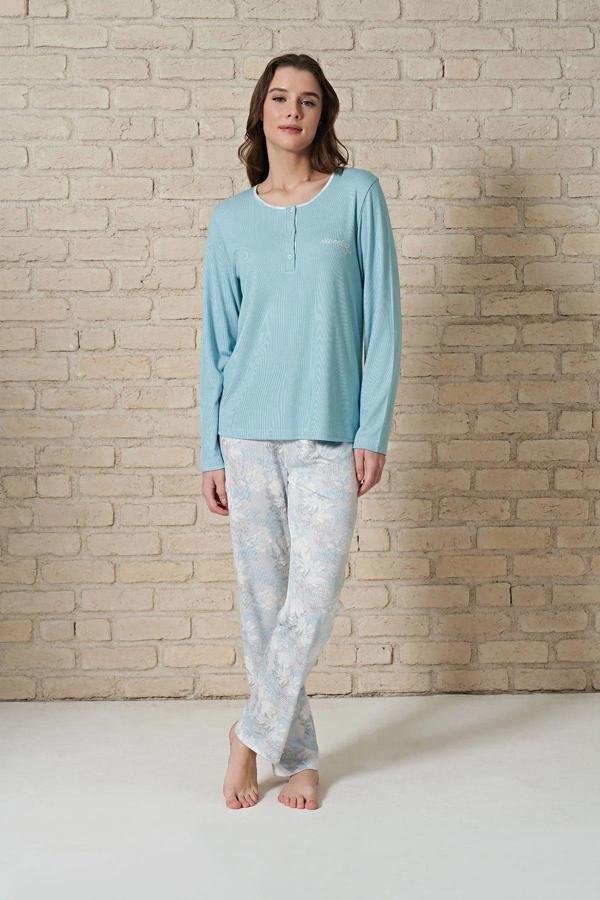 Pijadore 1722 Büyük Beden Kadın Düğmeli Uzun Kol Pijama Takım - Image 1